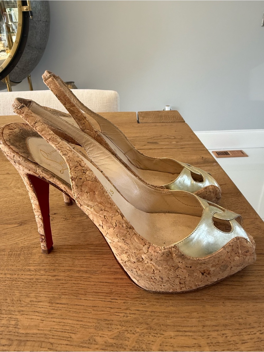 Christian Louboutin Cork Platform Slingback Peep-Toe Heels in Natural/Gold
